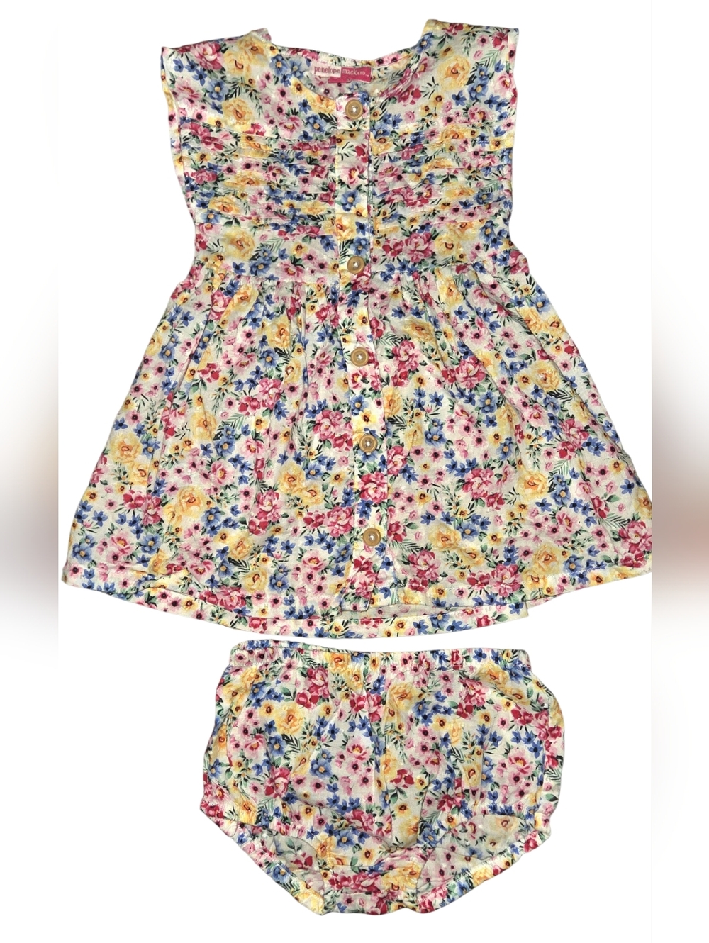 Penelope Mack Floral Button-Front Dress with Bloomers in Yellow, Pink & Blue